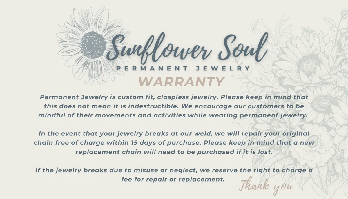 Sunflower Soul logo with sunflower illustrations, text about a jewelry warranty, and a floral background.